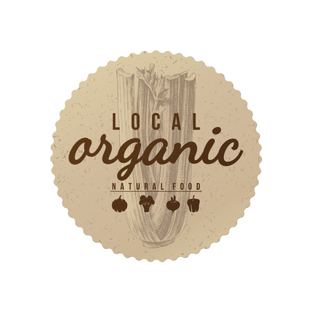 Local organic natural food round paper emblem with hand drawn celery. Vector illustrationのイラスト素材