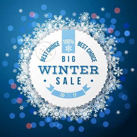 Winter sale round label over blue background with snowflakes and bokeh lightsのイラスト素材