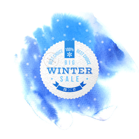 Winter sale square banner over blue watercolor background with snowflakes. Vector illustrationのイラスト素材
