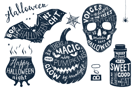 Vector set of Halloween posters with lettering. Hand drawn holiday design.のイラスト素材