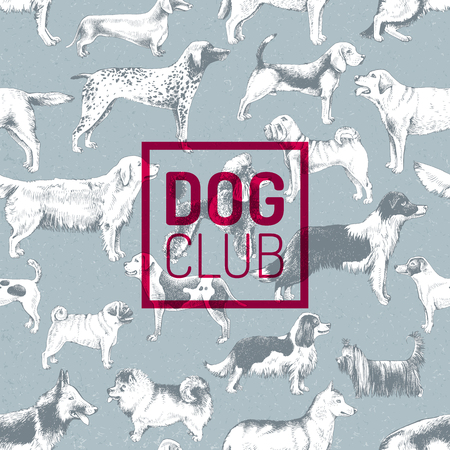 Dog club label over pattern with hand drawn dogsのイラスト素材