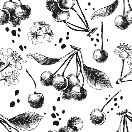 Black and white seamless pattern with hand drawn cherries. Vector illustrationのイラスト素材