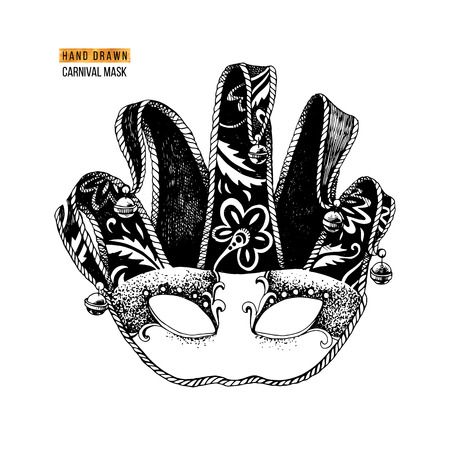 Hand drawn Venetian carnival black and white clown mask. Vector illustrationのイラスト素材