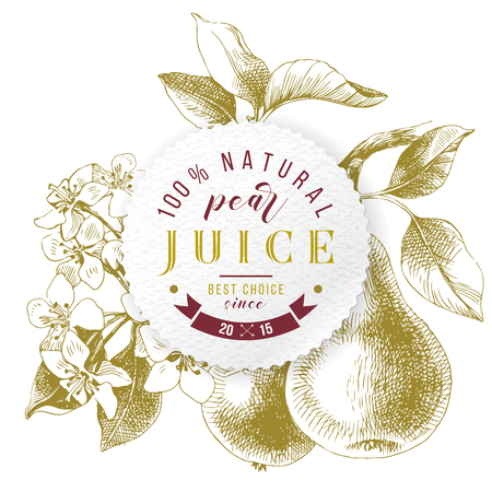 Pear juice paper emblem over hand drawn pear branch. Vector illustrationのイラスト素材