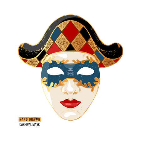 Hand drawn colorful Venetian carnival Harlequin mask. Vector illustrationのイラスト素材