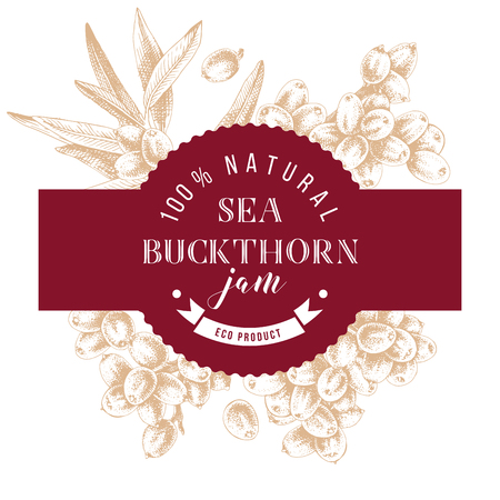 Sea buckthorn jam emblem over hand drawn sea buckthorn branches. Vector illustrationのイラスト素材