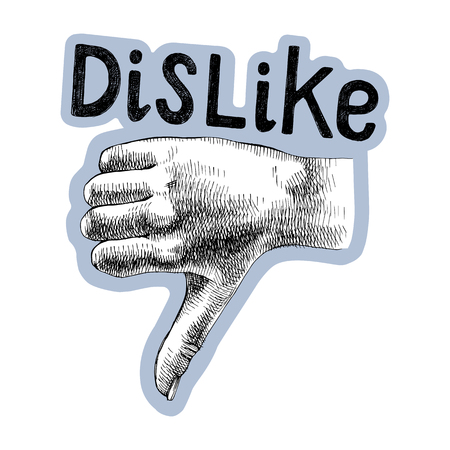 Sketched hand shows thumb down with lettering. Dislike symbol. Vector illustrationのイラスト素材