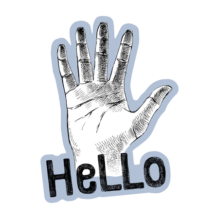 Sketched palm hand gesture with lettering. Hello sign. Vector illustrationのイラスト素材