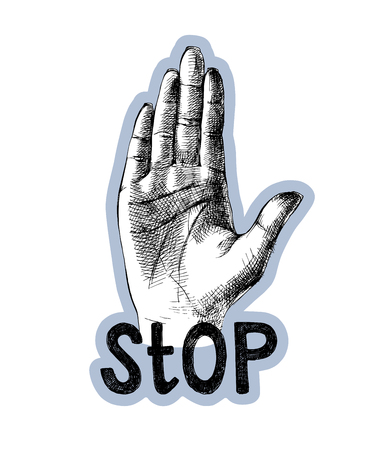 Sketched palm hand with lettering. Stop gesture. Vector illustrationsのイラスト素材