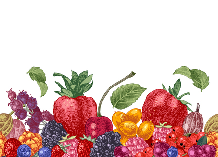 Seamless border with bright hand drawn berries. Vector illustrationのイラスト素材