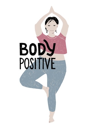 Beautiful plus size woman practising yoga. Body positive concept with hand drawn lettering. Vector illustrationのイラスト素材