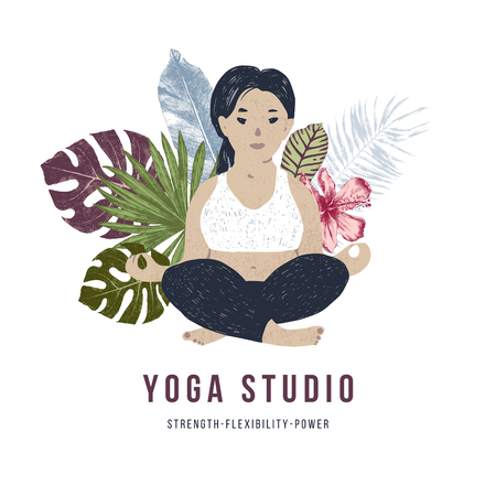 Body positive yoga concept. Plus size woman sitting in front of tropical leaves and flowers. Vector illustrationのイラスト素材
