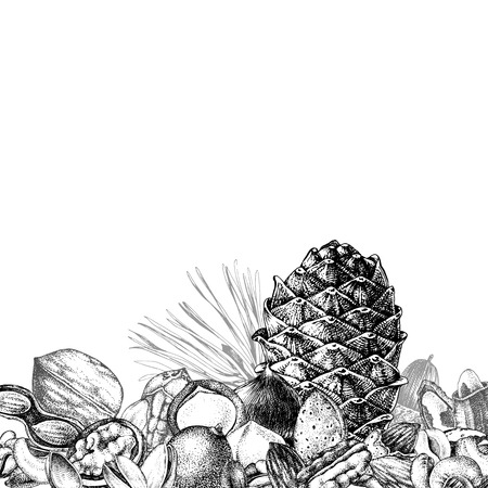 Background with hand drawn edible nuts. Vector illustrationのイラスト素材