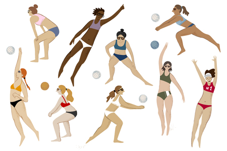Beach volleyball players. 9 girls in action. Vector illustrationのイラスト素材