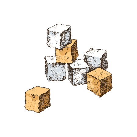Hand drawn white and brown sugar cubes isolated on white background. Vector illustrationのイラスト素材