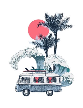 Summer time background with retro bus, palms and sea wavesのイラスト素材