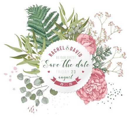 Save the date floral card. Vector illustration with type design and hand drawn modern greenery - roses, fern, different types of eucalyptus. Great for wedding designsのイラスト素材