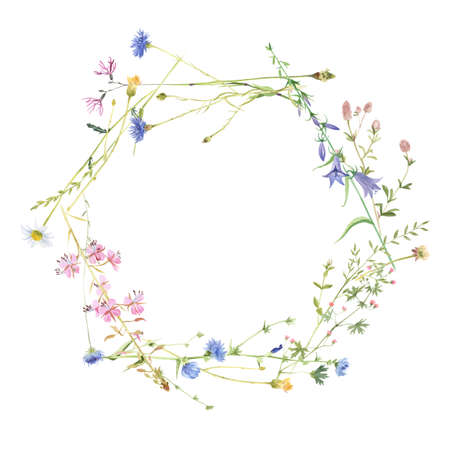 Round frame with watercolor meadow flowersの写真素材
