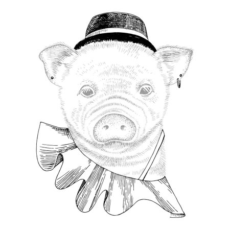 Hand drawn portrait of funny pig with accessoriesのイラスト素材