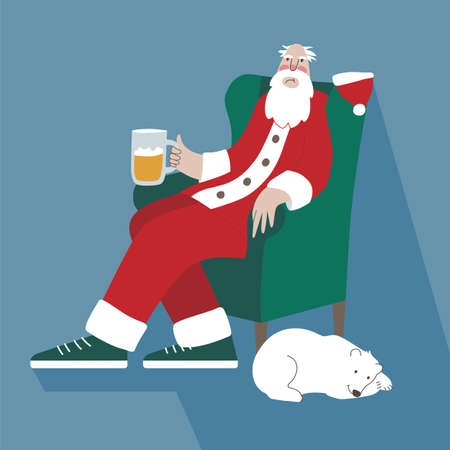 Satisfied santa with a mug of beer and a bearのイラスト素材
