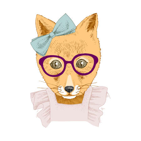 Hand drawn portrait of funny Fox with accessoriesのイラスト素材