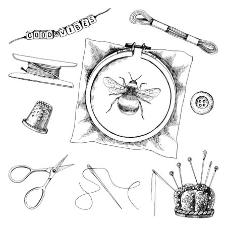 Monochrome set of hand drawn vintage sewing tools.のイラスト素材
