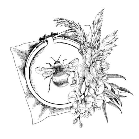 Hoop with embroidery decorated with dry flowersのイラスト素材