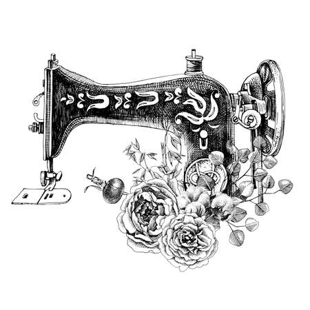 Sewing machine with arrangement of dried flowersのイラスト素材