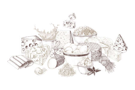 Hand drawn milk products, gourmet food slices, .のイラスト素材