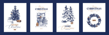 Merry Christmas hand drawn greeting cards setのイラスト素材