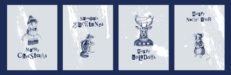 Christmas and new year cards with animalsのイラスト素材