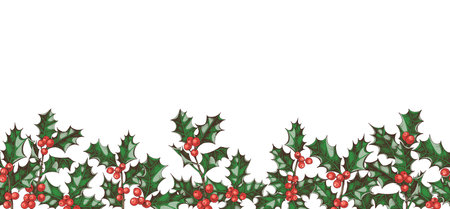 Holly berry vector seamless borderのイラスト素材