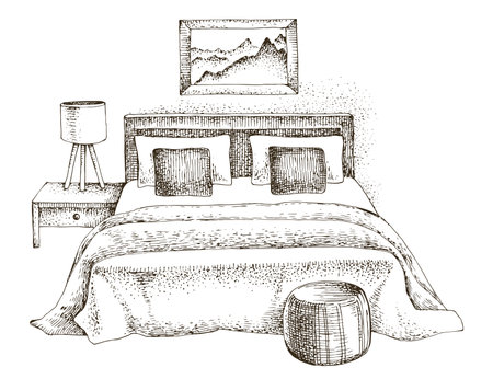 Cozy bedroom interior with bedside table and lampのイラスト素材