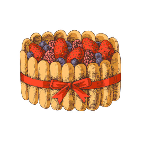 Charlotte cake with fresh berries illustrationのイラスト素材