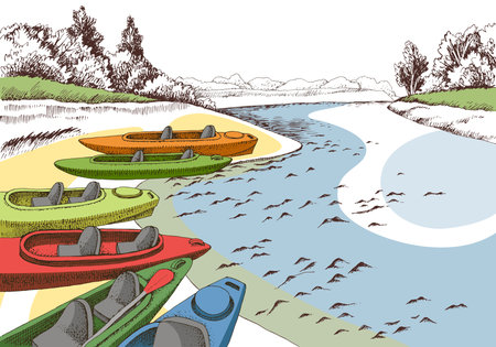 Kayaks on the shore of the riverのイラスト素材