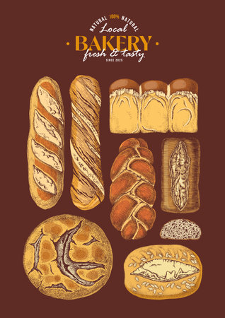 Bakery poster with different types of breadのイラスト素材
