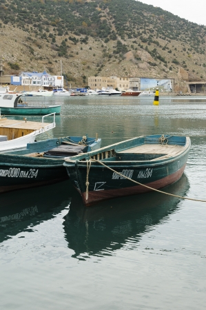 green boat in the bayのeditorial素材