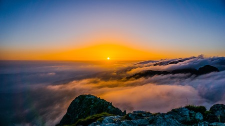 Beautiful sunrise over Rila mountain in Bulgariaの写真素材