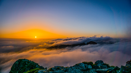 Beautiful sunrise over Rila mountain in Bulgariaの写真素材