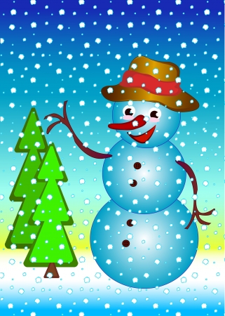 Winter vector illustration with smiling snowman and firsのイラスト素材