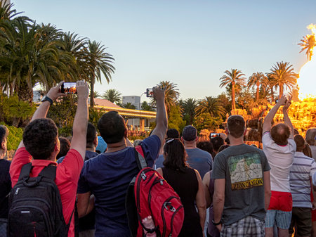 Unidentified people taking a selfie with a smart phone in Las Vegas, Nevadaの写真素材