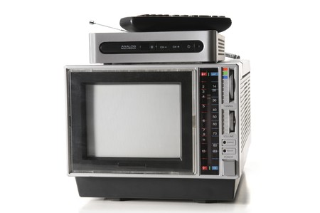 vintage portable tv with digital converter and remoteの写真素材