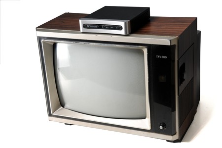 vintage woodgrain tv with digital converterの写真素材