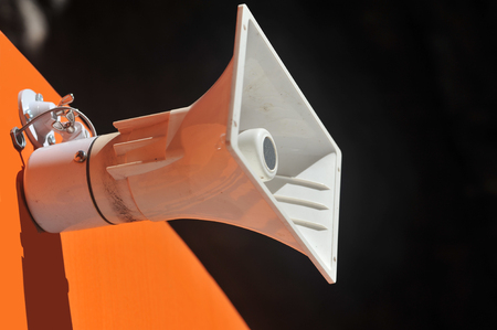 Outdoor Public Address Speaker Mounted to the top of a Railroad Train Carの写真素材