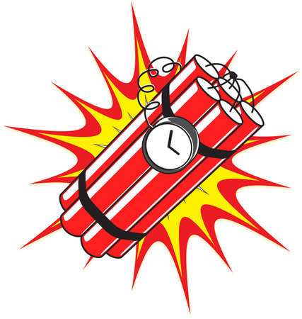 cartoon style bundle of dynamite sticks bomb explosive with clock timer and wires red on cartoon explosion background vectorのイラスト素材