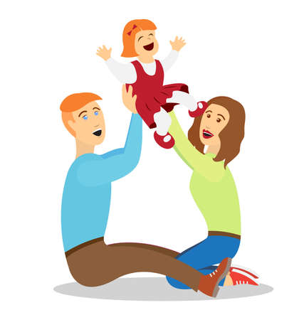 cartoon stylized happy mother and father playing with laughing daughter family vectorのイラスト素材