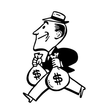 vintage retro cartoon rich banker man carrying bags of cash money walking side view ink drawing illustration vectorのイラスト素材