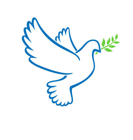 beautiful flying white peace dove pigeon bird outline with olive branch silhouette vectorのイラスト素材