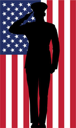 military police army marine navy air force soldier salute silhouette in front of accurate correct USA flag verticalのイラスト素材