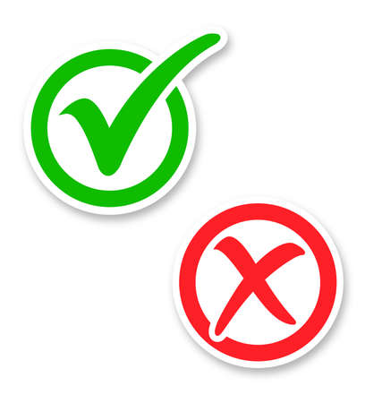 stylish green tick check mark and red cross mark in round boxes circles isolated on white background vectorのイラスト素材